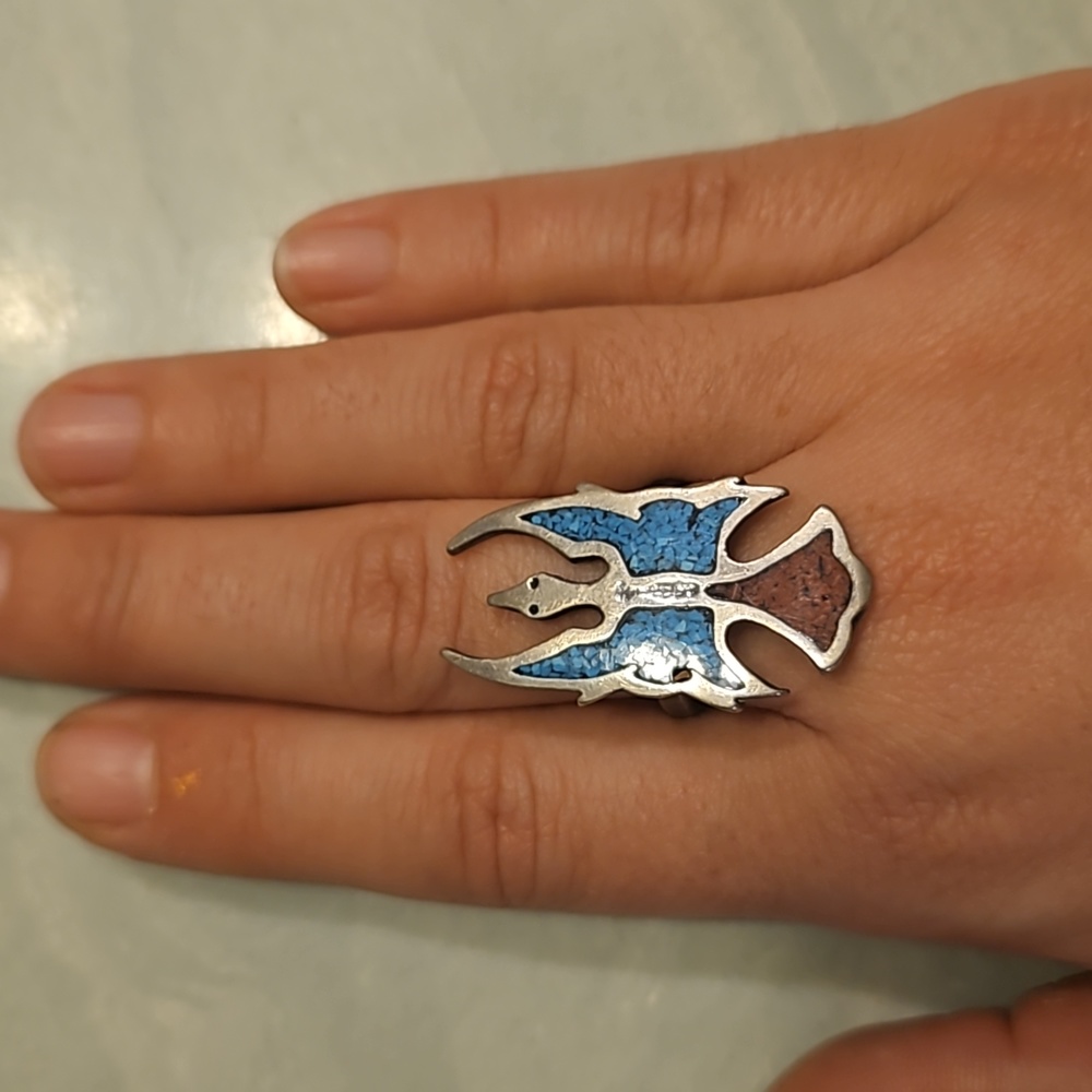 Turquoise, Coral Thunderbird/phoenix sterling silver Native American ring size 9